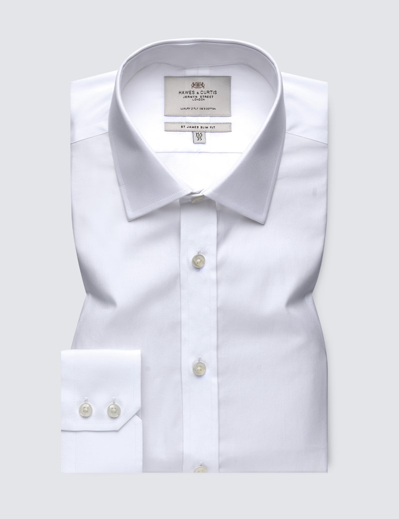 Easy Iron White Poplin Slim Fit Shirt with Semi Cutaway Collar - Single Cuffs