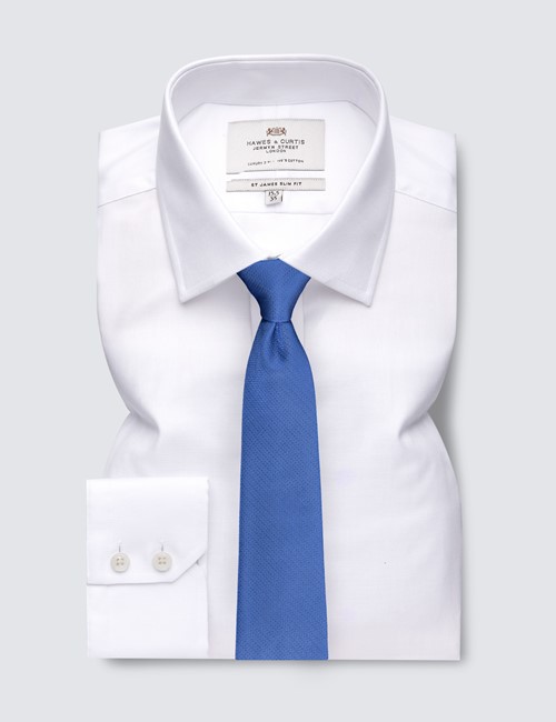 White Twill Relaxed Slim Fit Shirt With Semi Cutaway Collar - Single Cuffs