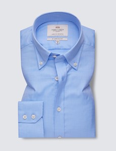 Easy Iron Blue Twill Slim Fit Shirt With Button Down Collar - Single Cuffs