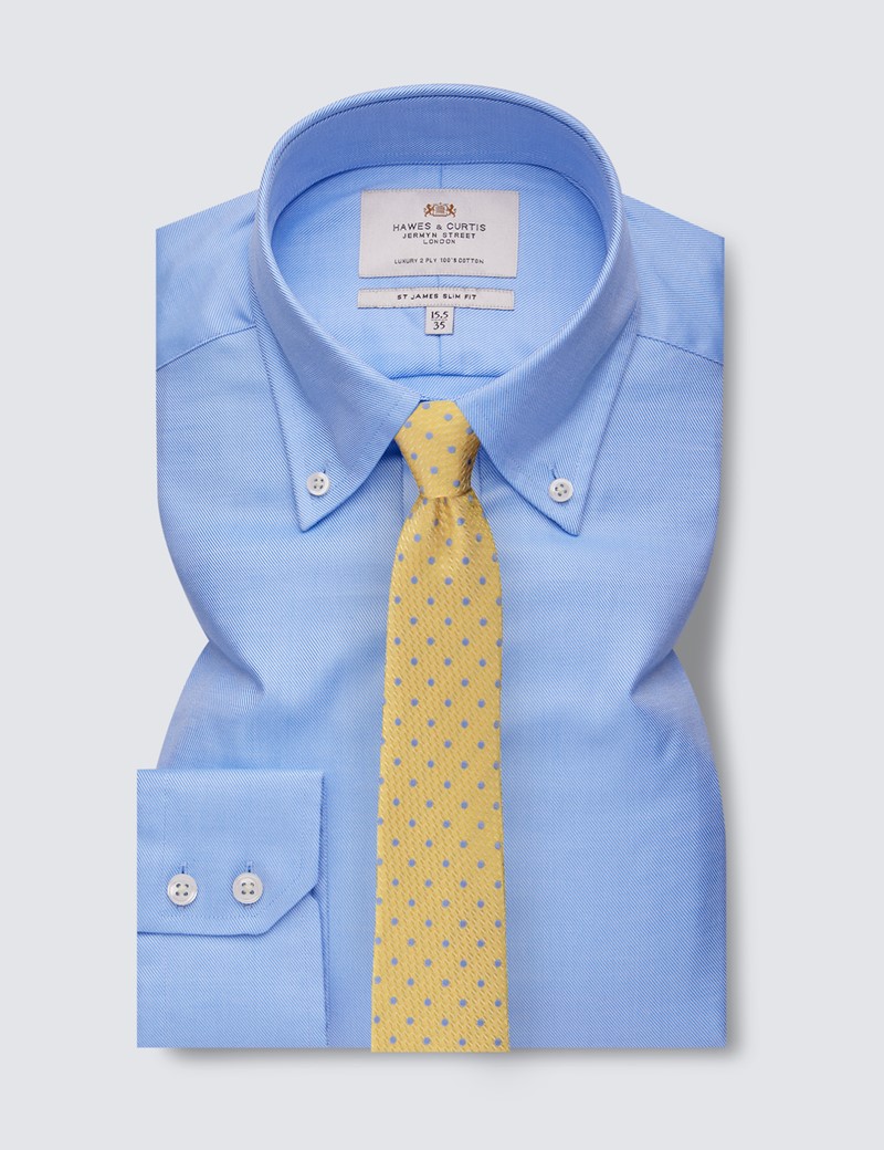 Easy Iron Blue Twill Slim Fit Shirt With Button Down Collar - Single Cuffs
