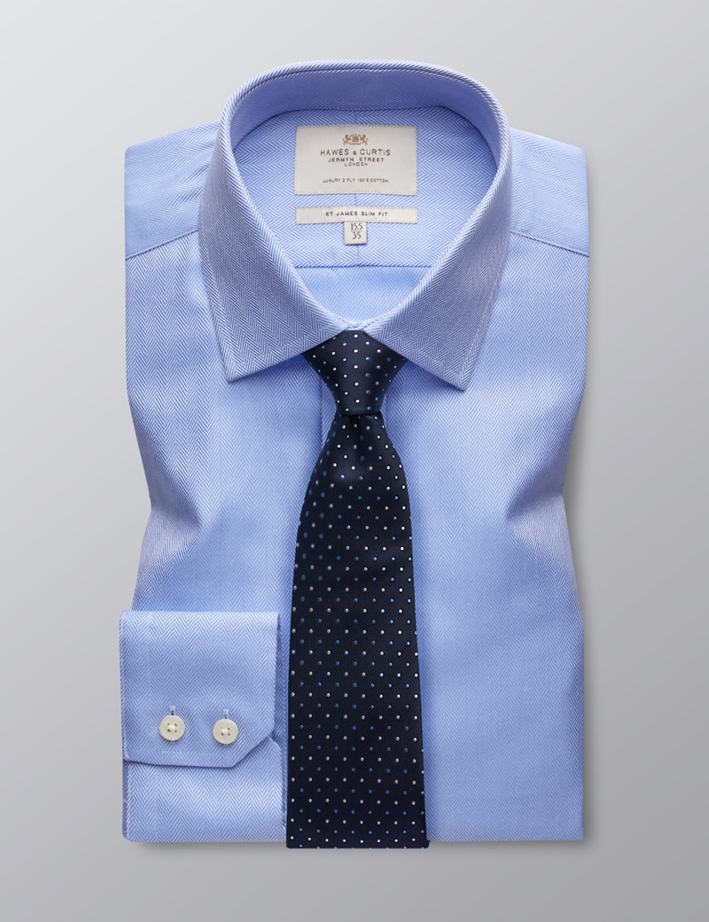 Men's Blue Herringbone Slim Fit Dress Shirt - Single Cuff - Easy Iron ...