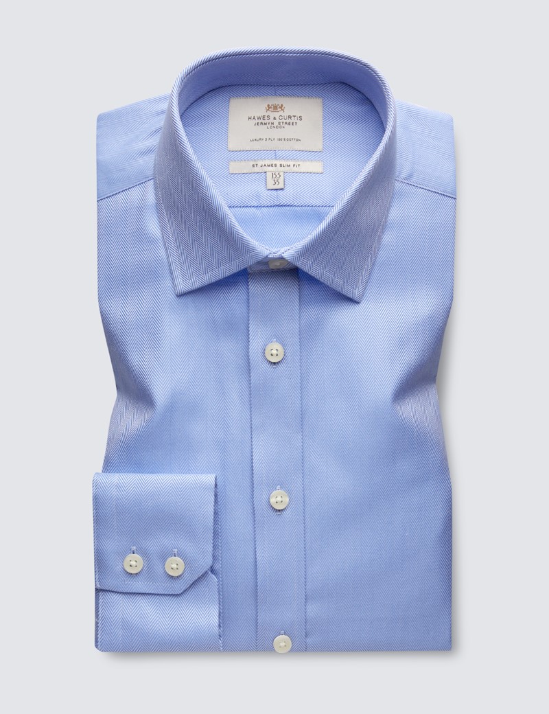 Men's  Blue Herringbone Slim Fit Business Shirt - Single Cuff - Easy Iron
