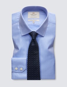 Men's Blue Herringbone Relaxed Slim Fit Shirt - Single Cuffs