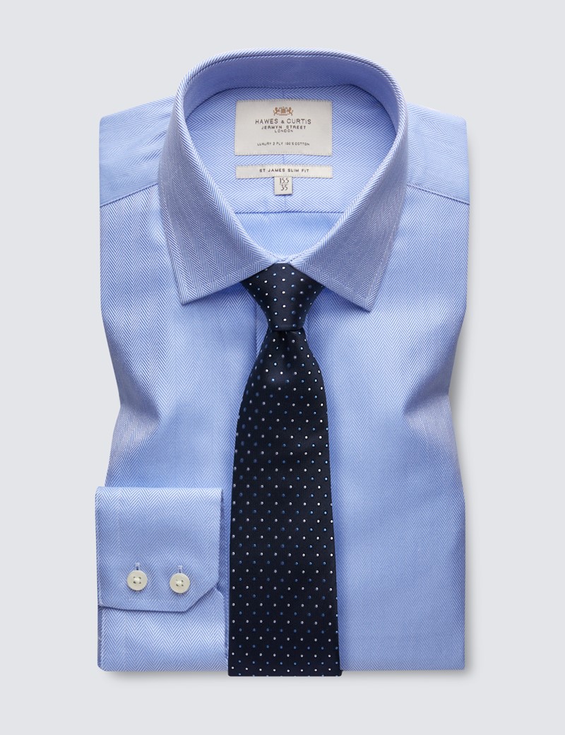Men's Blue Herringbone Slim Fit Dress Shirt - Single Cuff - Easy Iron