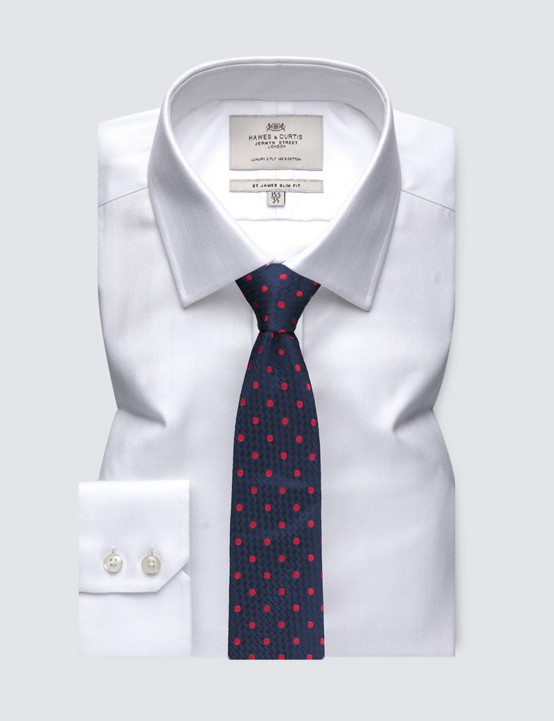 Easy Iron White Herringbone Relaxed Slim Fit Shirt with Semi Cutaway Collar - Single Cuffs