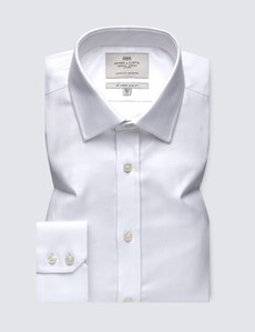 Easy Iron White Herringbone Relaxed Slim Fit Shirt with Semi Cutaway Collar - Single Cuffs