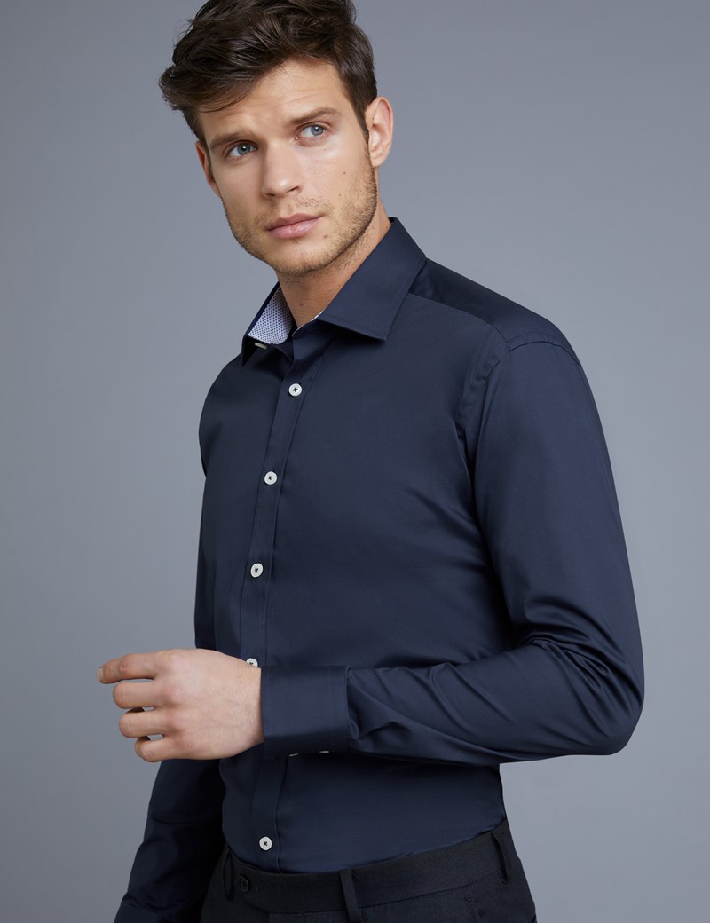 Men's Formal Navy Slim Fit Cotton Stretch Shirt With Contrast Detail ...