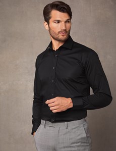 Men's Dress Black Slim Fit Cotton Stretch Shirt - Single Cuff