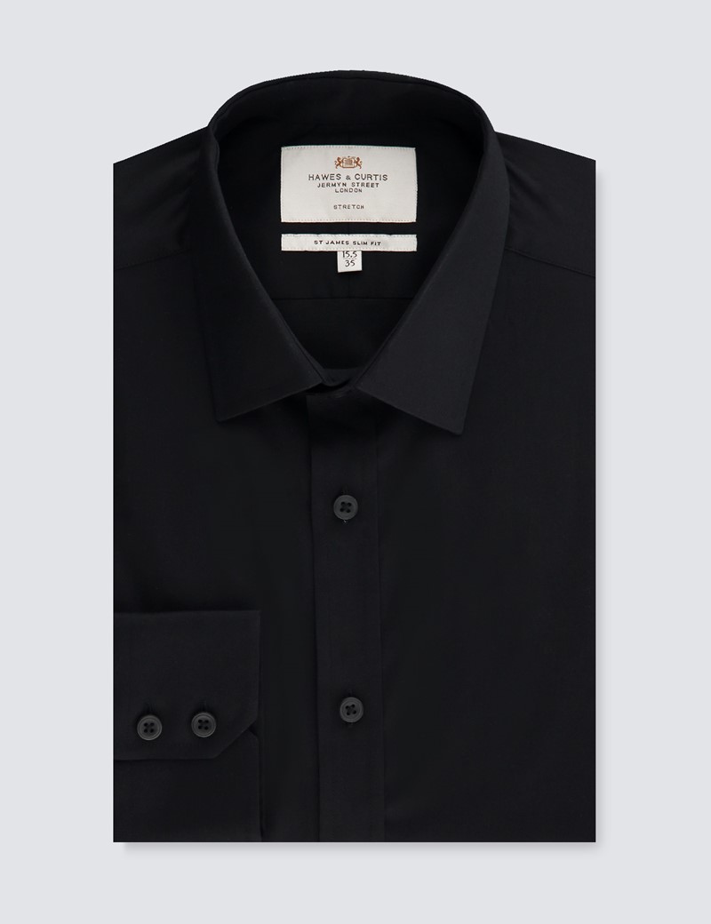 Men's Formal Black Slim Fit Cotton Stretch Shirt - Single Cuff