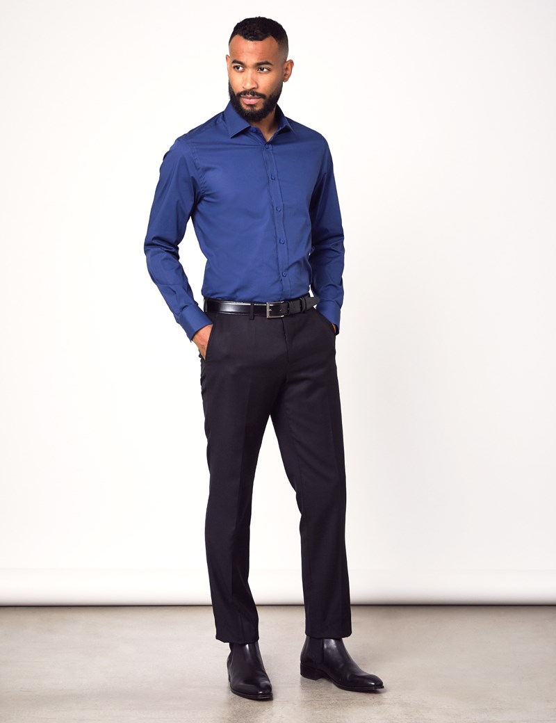 Men's Dress Midnight Blue Slim Fit Cotton Stretch Shirt - Single Cuff ...