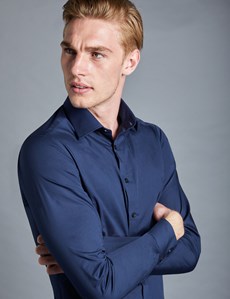 Men's  Business Navy Slim Fit Cotton Stretch Shirt - Single Cuff