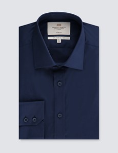 Men's  Business Navy Slim Fit Cotton Stretch Shirt - Single Cuff