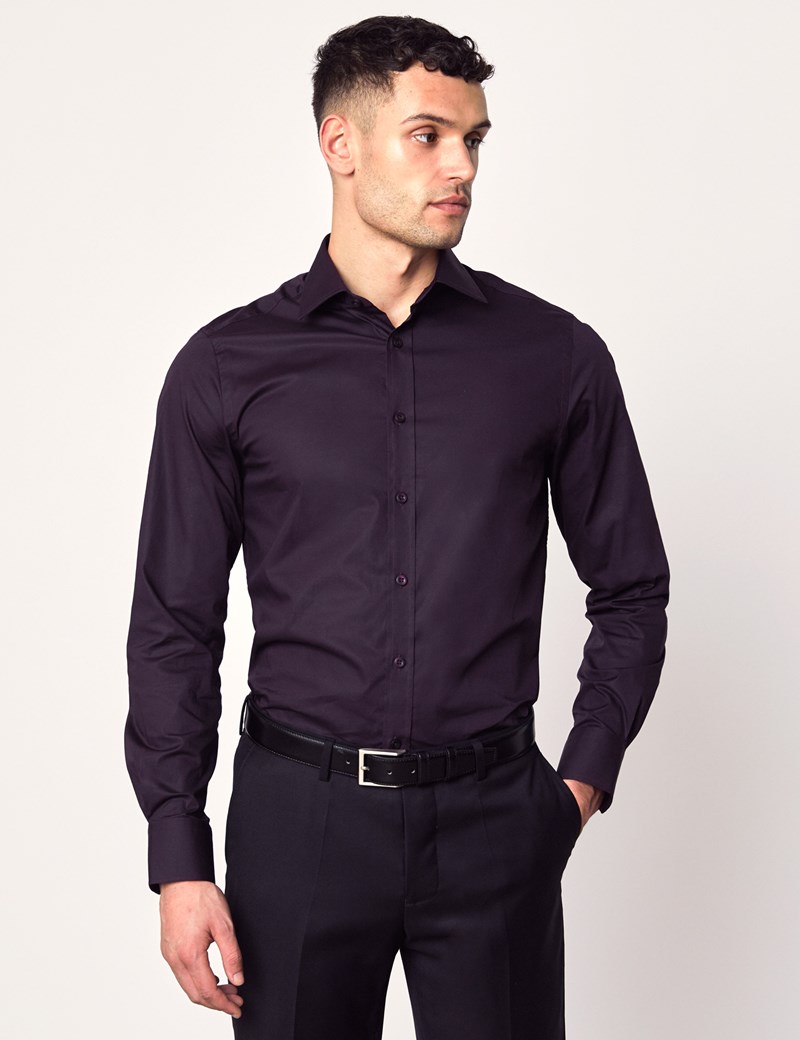 Men's Dress Dark Purple Slim Fit Cotton Stretch Shirt - Single Cuff ...