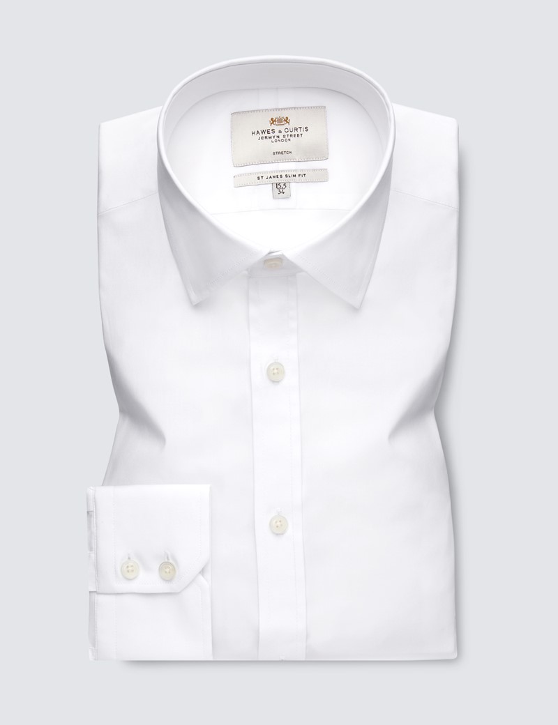Easy Iron White Relaxed Slim Fit Cotton Stretch Shirt - Single Cuffs