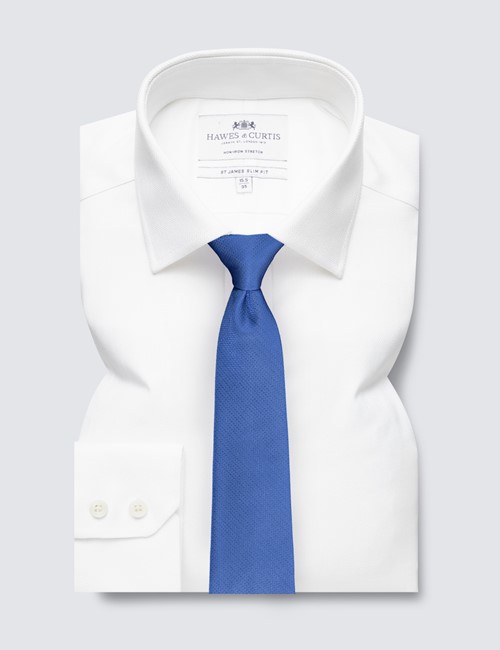 Non Iron White Herringbone Slim Fit Stretch Shirt - Single Cuffs