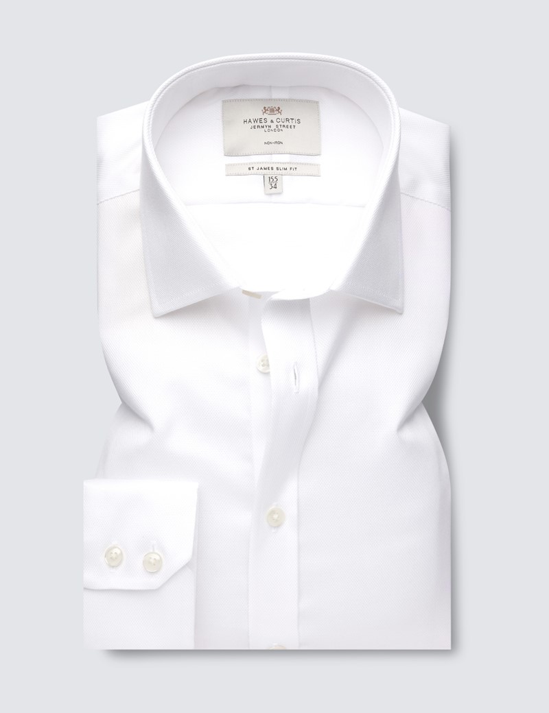 Non Iron White Pique Relaxed Slim Fit Shirt With Semi Cutaway Collar - Single Cuffs  