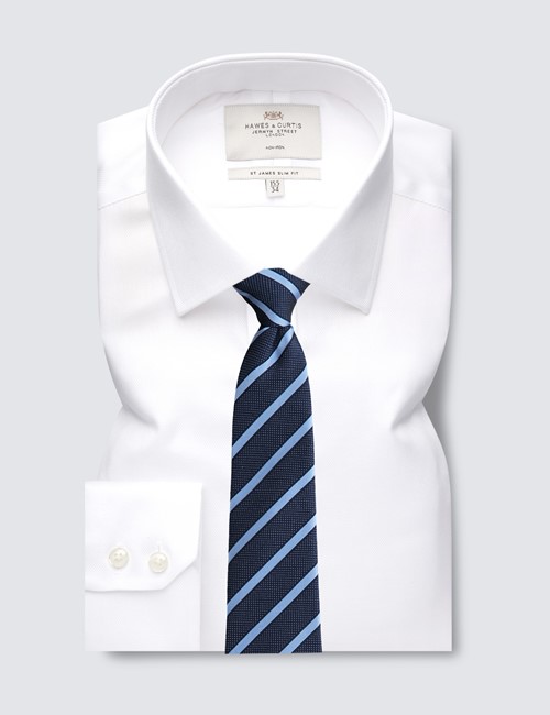 Non Iron White Pique Slim Fit Shirt With Semi Cutaway Collar - Single Cuffs  