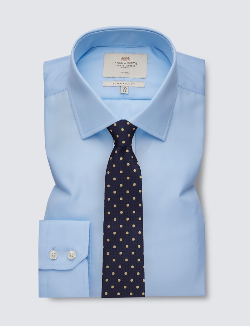 Men's Plain Blue Slim Fit Dress Shirt - Single Cuff - Non Iron