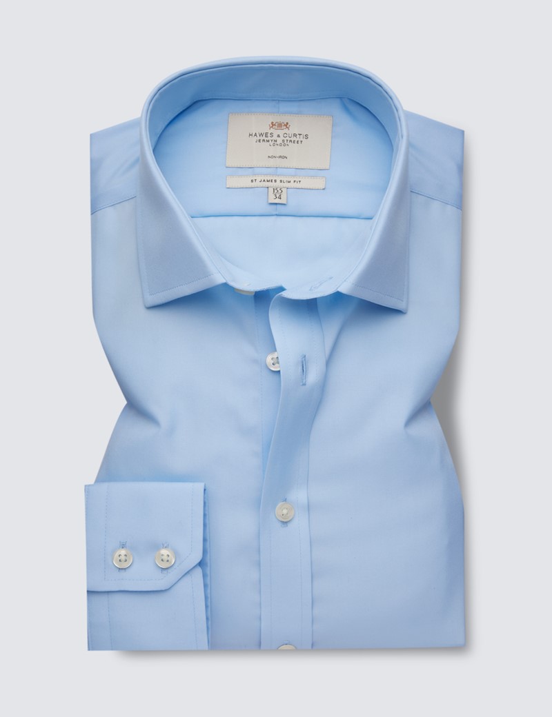 Men's Plain Blue Slim Fit Dress Shirt - Single Cuff - Non Iron