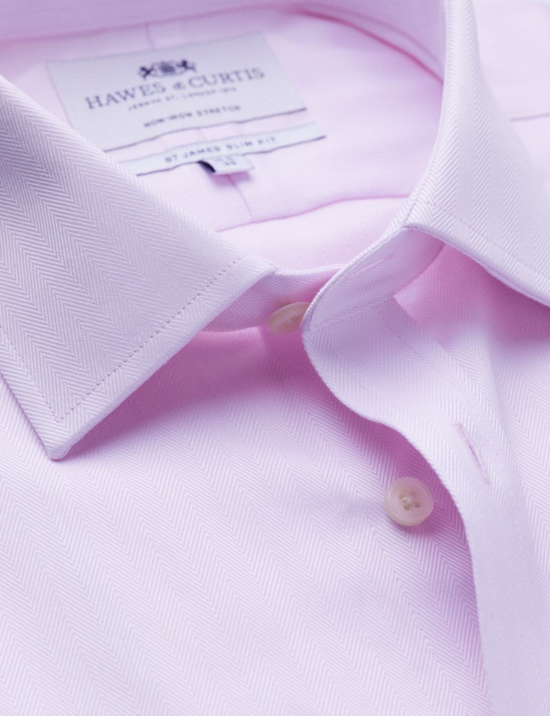 Men's Formal Pink Herringbone Slim Fit Shirt - Single Cuff - Non Iron