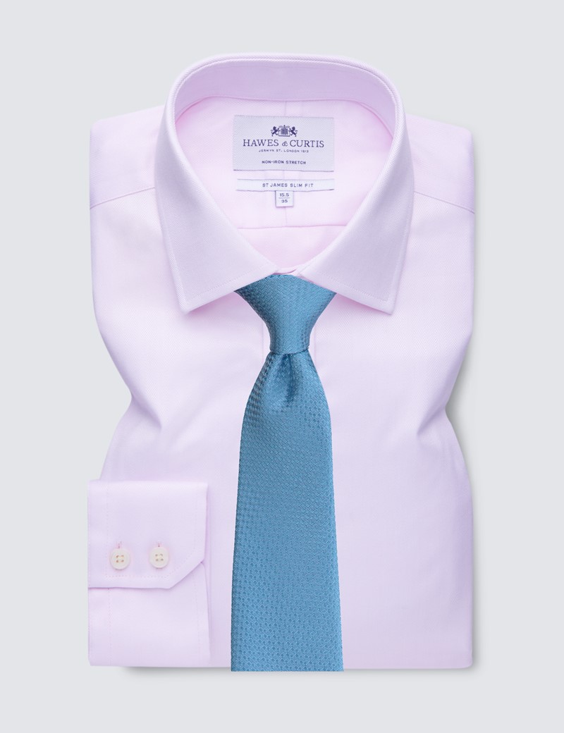 Men's Formal Pink Herringbone Slim Fit Shirt - Single Cuff - Non Iron