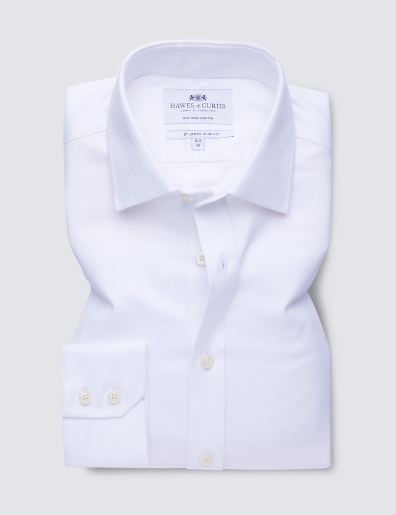 Men's Business White Herringbone Slim Fit Shirt - Single Cuff - Non Iron