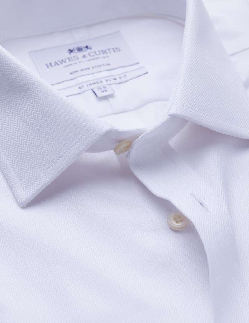 Men's Business White Herringbone Slim Fit Shirt - Single Cuff - Non Iron