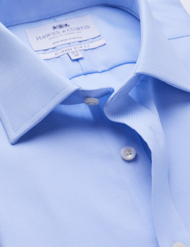 Men's Formal Blue Pique Slim Fit Shirt - Single Cuff - Non Iron