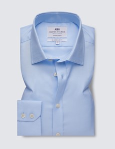 Non Iron Blue Twill Relaxed Slim Fit Shirt With Semi Cutaway Collar - Single Cuffs