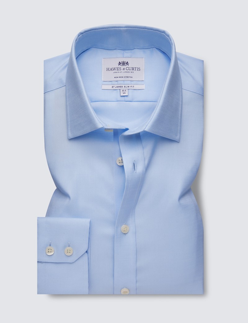 Non Iron Blue Twill Relaxed Slim Fit Shirt With Semi Cutaway Collar - Single Cuffs