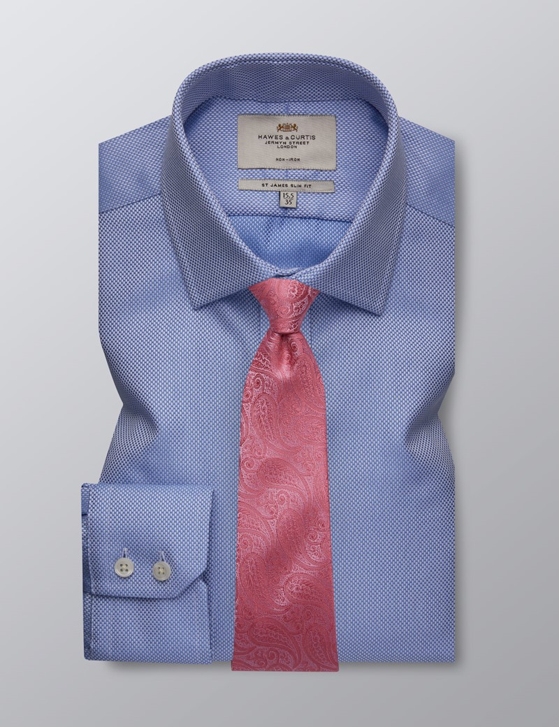 Men's Dress Blue Fabric Interest Slim Fit Shirt with Semi Cutaway Collar and Single Cuff - Non Iron