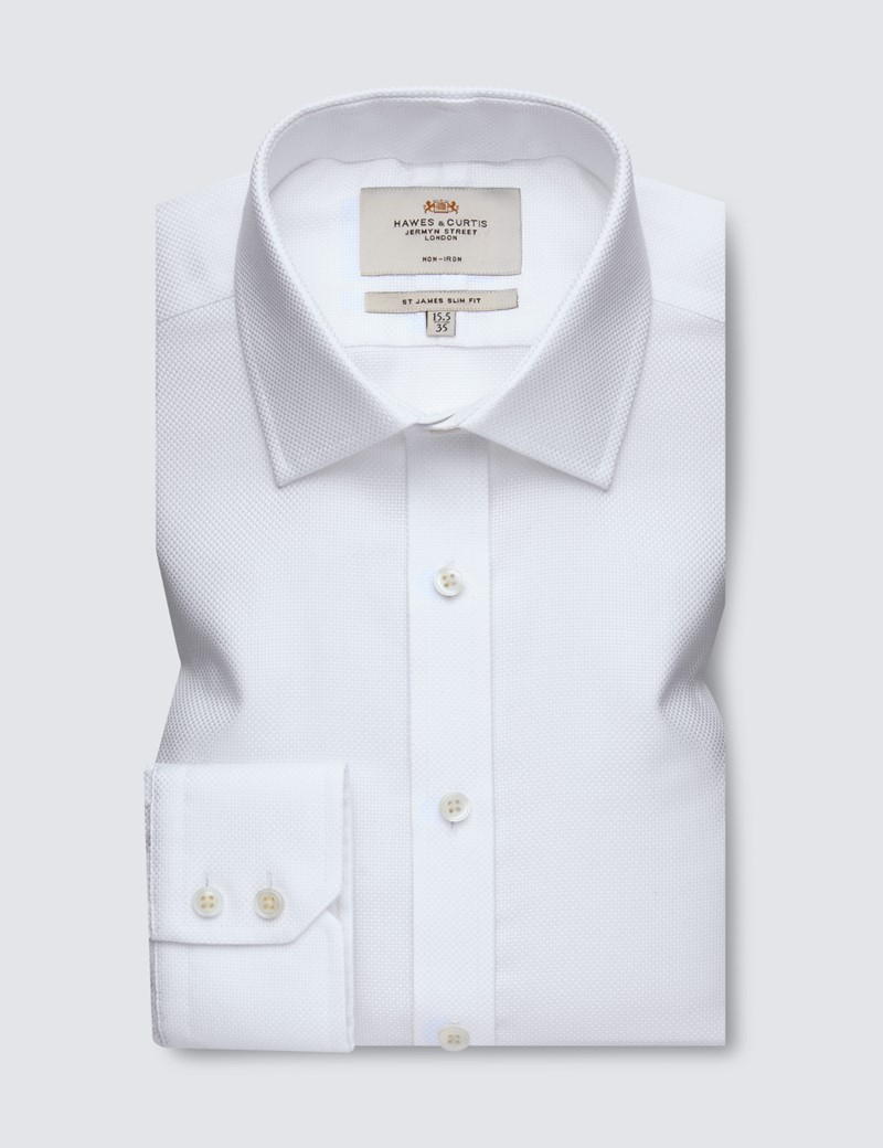 Non Iron White Fabric Interest Slim Fit Shirt With Semi Cutaway Collar - Single Cuffs