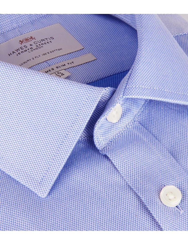 Men's  Blue Pique Slim Fit Business Shirt - Single Cuff - Easy Iron