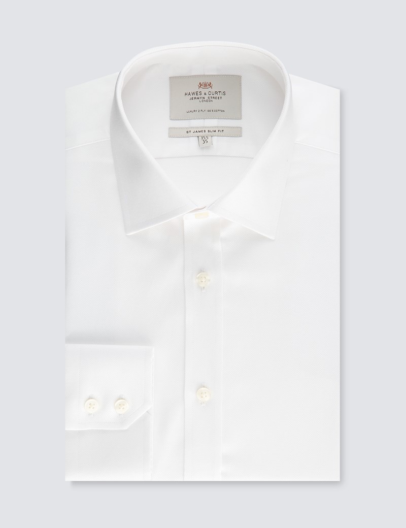 Easy Iron White Pique Relaxed Slim Fit Shirt with Semi Cutaway Collar - Single Cuffs 
