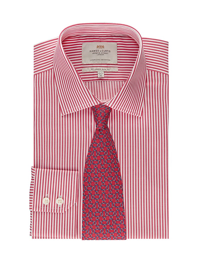 Men S Red And White Bengal Stripe Slim Fit Dress Shirt Single Cuff Easy Iron Hawes And Curtis