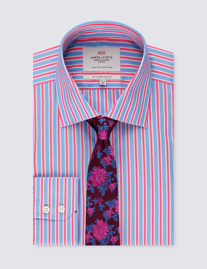 Mens Formal Blue And Red Multi Stripe Slim Fit Shirt Single Cuff