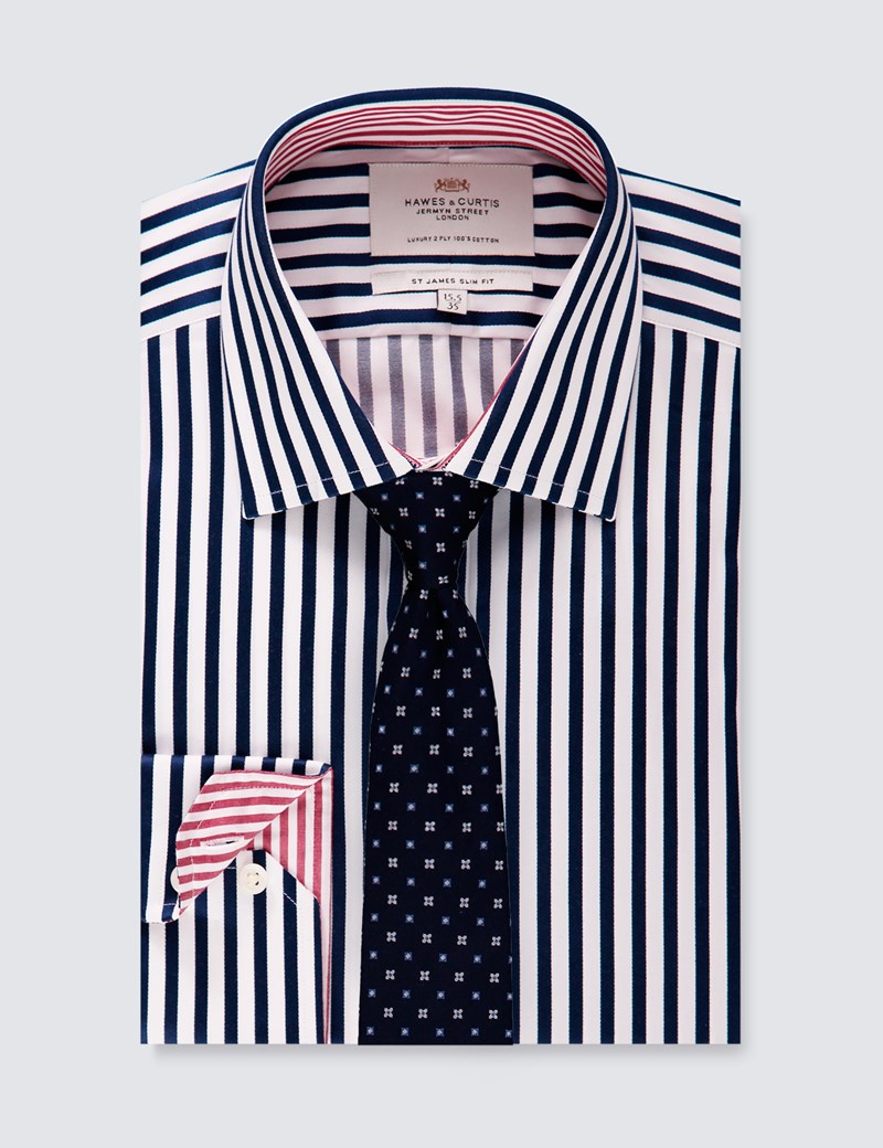 Men's Navy & White Bold Stripe Slim Fit Dress Shirt - Single Cuff ...