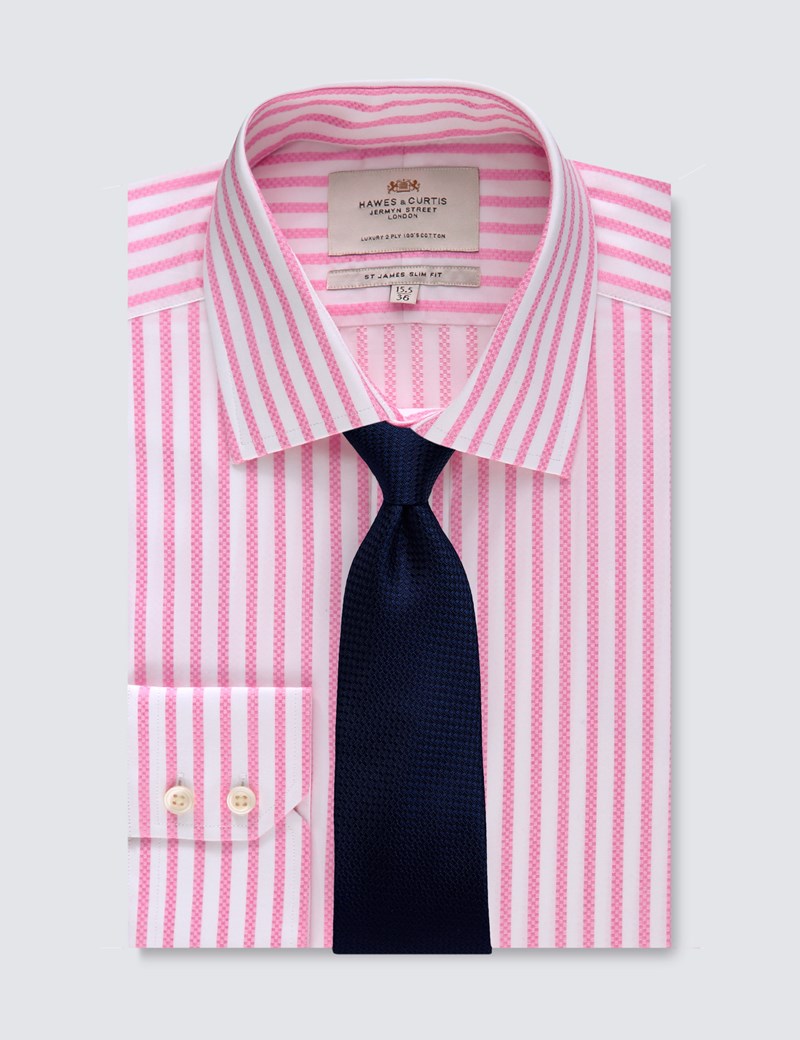 Men's Formal Pink & White Bengal Stripe Slim Fit Shirt Single Cuff