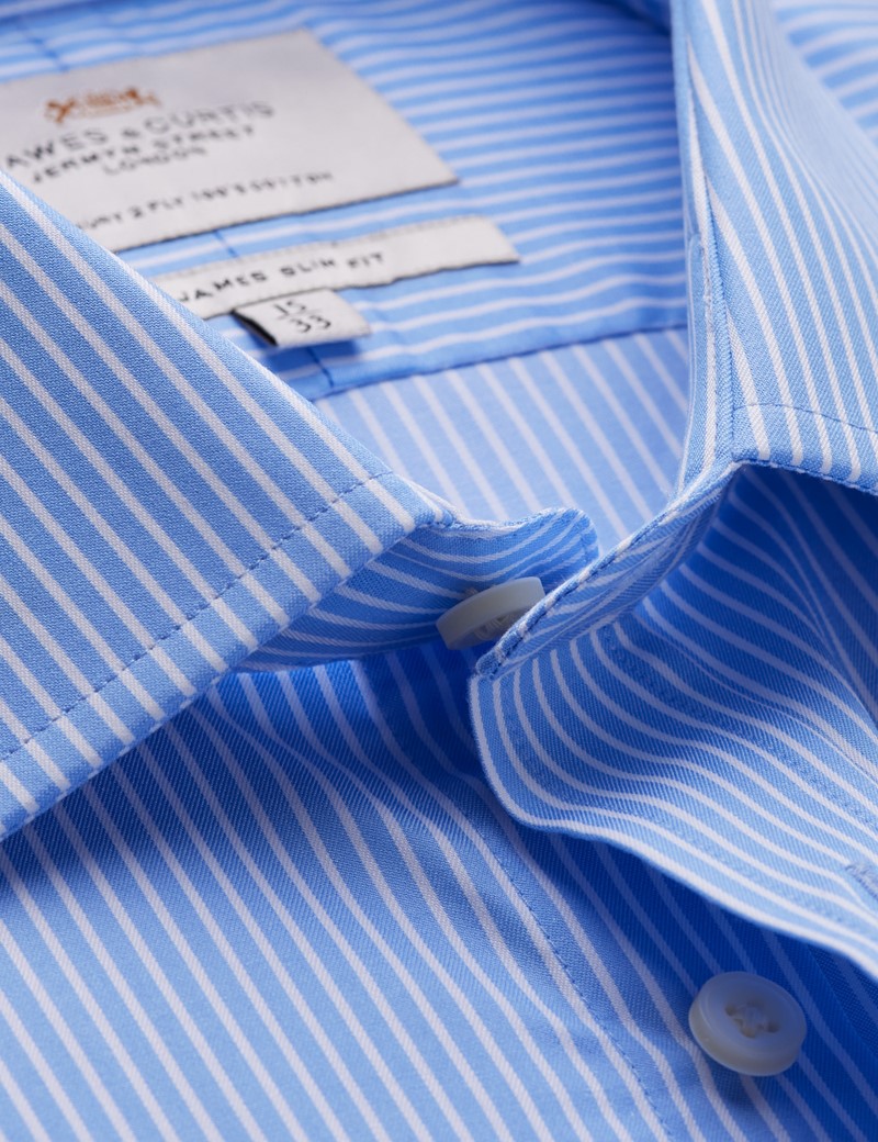 Easy Iron Men's Blue & White Stripe Slim Fit Shirt With Semi Cutaway Collar - Single Cuff 