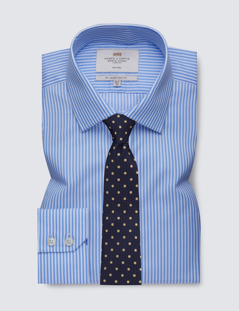 Non Iron Blue & White Bengal Stripe Relaxed Slim Fit Shirt With Semi Cutaway Collar - Single Cuffs