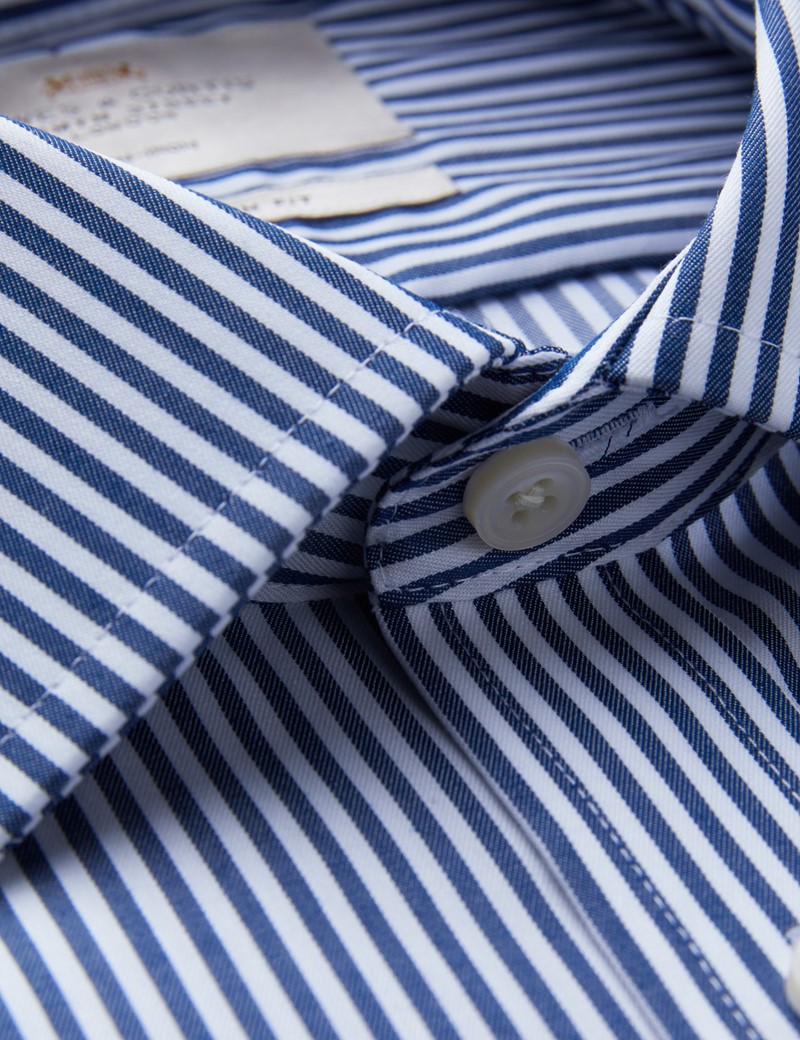 Men's Formal Navy & White Bengal Stripe Slim Fit Shirt - Single Cuff - Non Iron