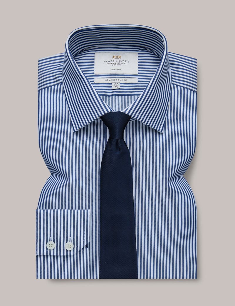 Non-Iron Navy & White Bengal Stripe Slim Shirt | Hawes & Curtis