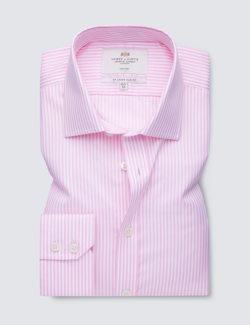 Men's Formal Pink & White Bengal Stripe Slim Fit Shirt - Single Cuff - Non Iron