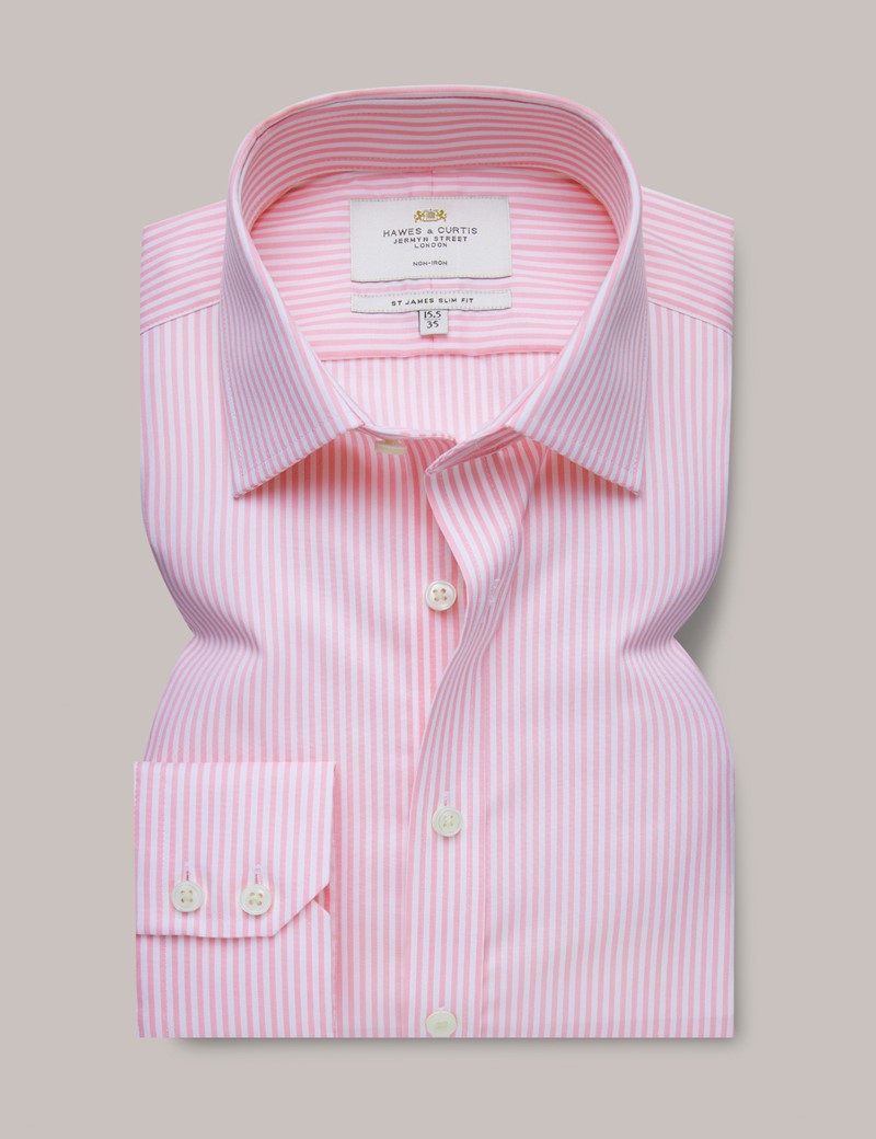Men's Non-Iron Pink & White Bengal Stripe Slim Shirt | Hawes & Curtis