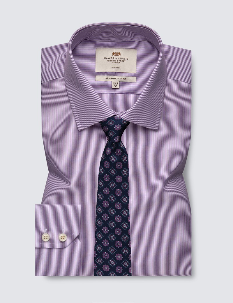 Non Iron Stripe Men's Slim Fit Shirt with Single Cuff in Lilac & White