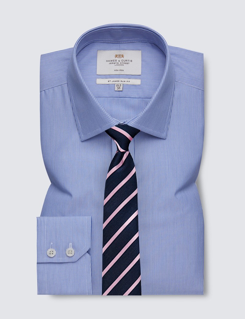 Men's Formal Blue & White Fine Stripe Slim Fit Shirt - Single Cuff - Non Iron
