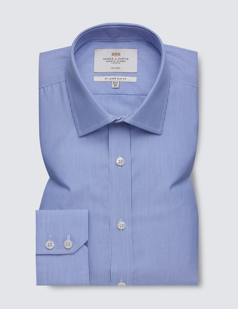 Men's Formal Blue & White Fine Stripe Slim Fit Shirt - Single Cuff - Non Iron
