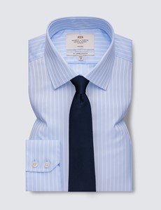 Non Iron Blue & Light Blue Stripe Relaxed Slim Fit Shirt With Semi Cutaway Collar - Single Cuffs