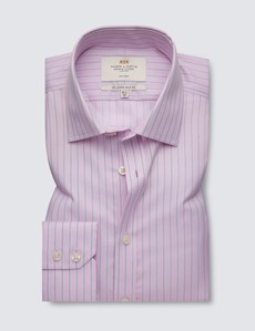 Non Iron Pink & Navy Stripe Relaxed Slim Fit Shirt With Semi Cutaway Collar - Single Cuffs 