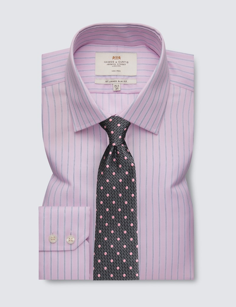 Non Iron Pink & Navy Stripe Relaxed Slim Fit Shirt With Semi Cutaway Collar - Single Cuffs 